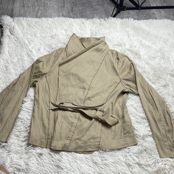 Lane Bryant Lightweight Khaki Tan Shawl Collar Raw Hem Wrap Jacket Blazer - Picture 1 of 8